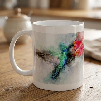 Livslevande Kolibri Vattenfärg Blommig Konsttryck Kaffemugg