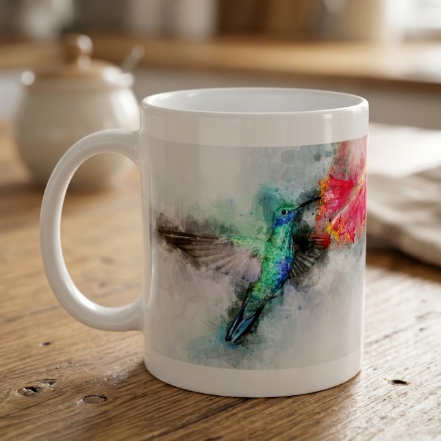 Livslevande Kolibri Vattenfärg Blommig Konsttryck Kaffemugg (Vibrant Hummingbird Watercolor Floral Art Print. Coffee Mug)