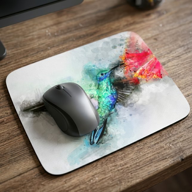 Livslevande Kolibri Vattenfärg Blommig Konsttryck Musmatta (Vibrant Hummingbird Watercolor Floral Art Print. Mouse Pad)