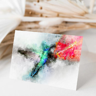 Livslevande Kolibri Vattenfärg Blommig Konsttryck Tack Kort