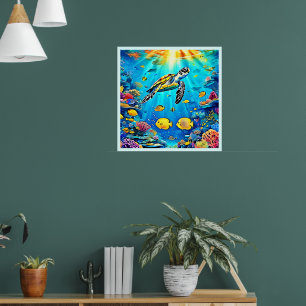 Livslevande konst med havssköldpadda och korallrev poster