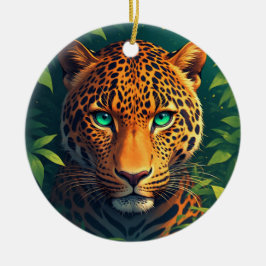 Livslevande leopardporträtt med smaragdgröna ögon julgransprydnad keramik