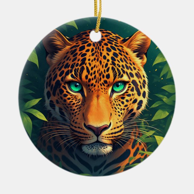 Livslevande leopardporträtt med smaragdgröna ögon julgransprydnad keramik (Framsidan)