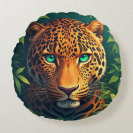 Livslevande leopardporträtt med smaragdgröna ögon rund kudde