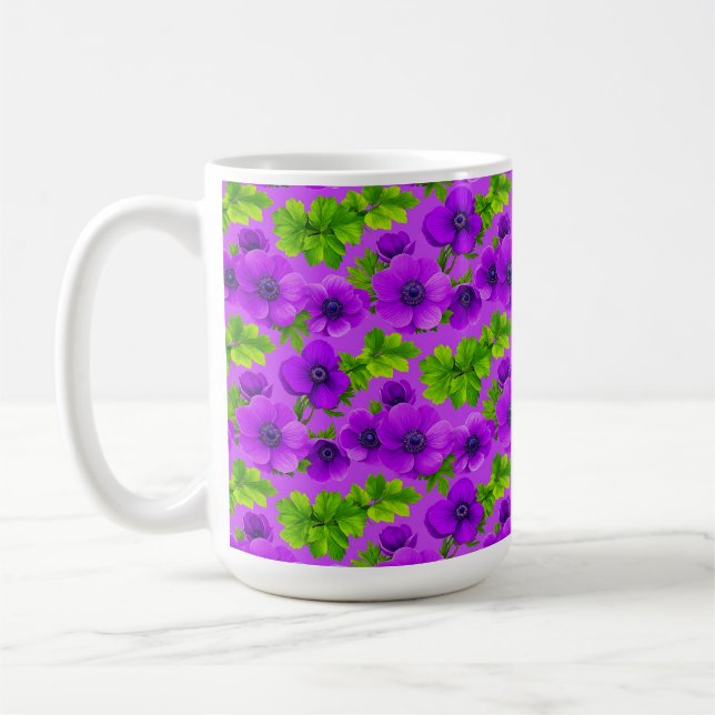 Livslevande lila anemoneblommor kaffemugg (Vänster)