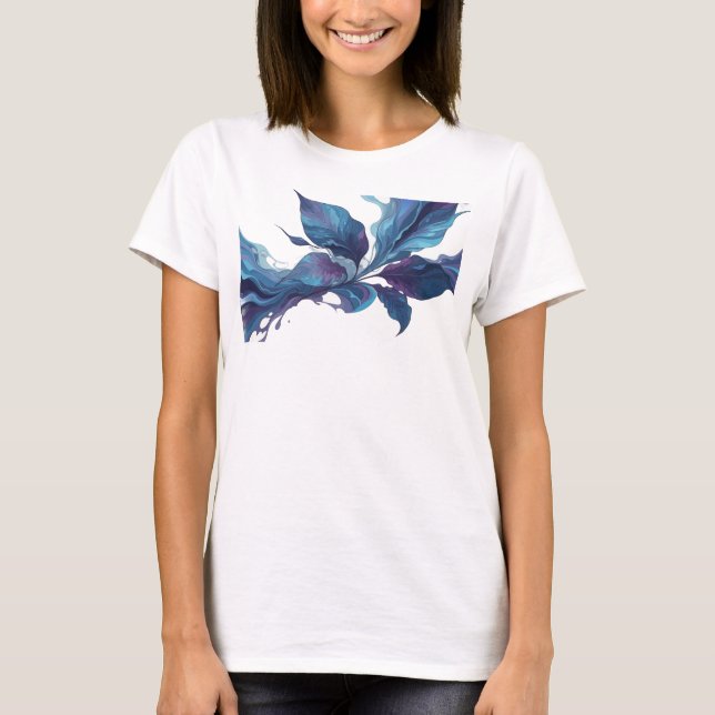 Livslevande marinblå abstrakt blad mode tryck t shirt (Framsida)