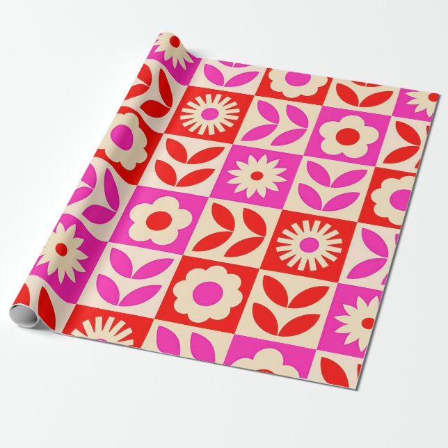 Livslevande Retro Blommönster Presentpapper (Utrullad)
