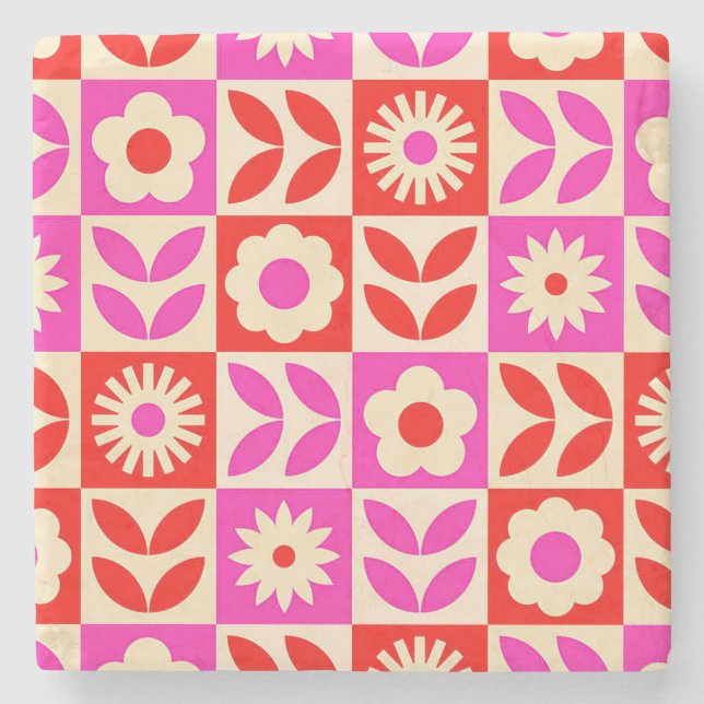 Livslevande Retro Blommönster Stenunderlägg (Framsidan)