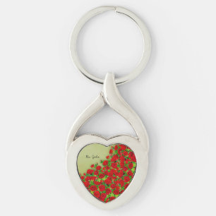 Livslevande röd ros trädgård blommig mönster twisted heart silverfärgad nyckelring