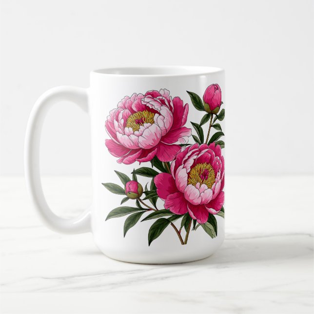 Livslevande rosa peony blomsterkonst kaffemugg (Vänster)
