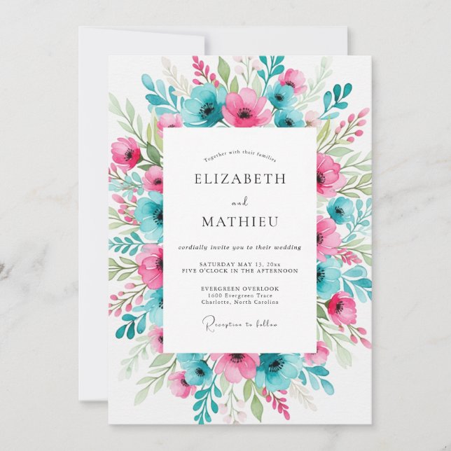 Livslevande teal-fuksia vårbröllop inbjudningar (Framsida)