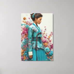 Livslevande teal hanbok och vildblomskanvas konst canvastryck
