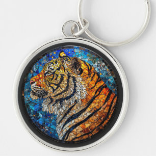 Livslevande Tiger Elegant Glasmosaik Rund Silverfärgad Nyckelring