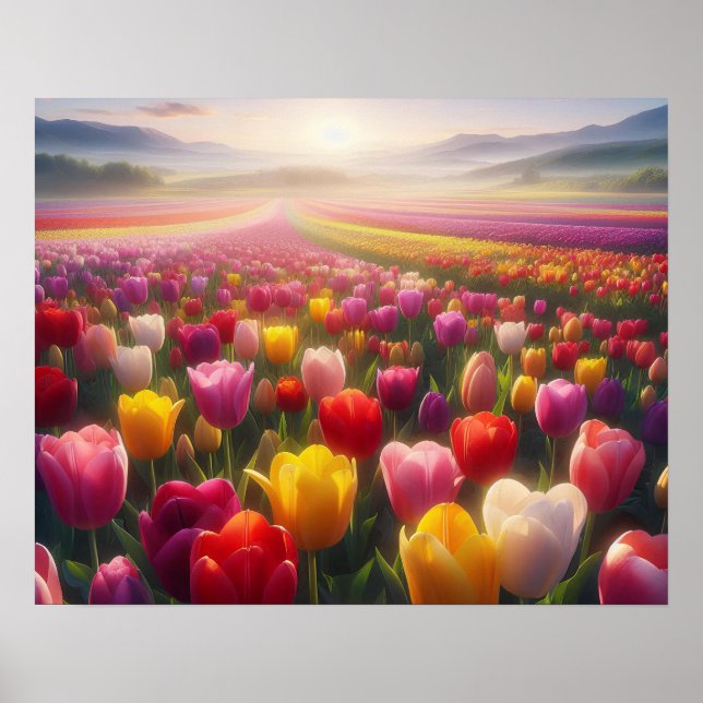 Livslevande Tulpanfält i Full Blomning Poster (Framsidan)
