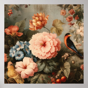 Livslevande Vintage Blommotiv och Fågelscen Poster