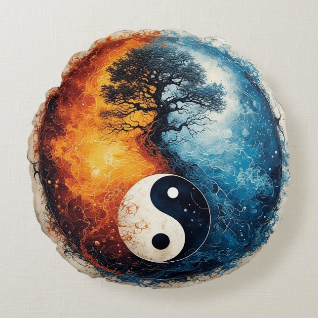 Livslevande Yin Yang-design Rund Kudde (Framsidan)