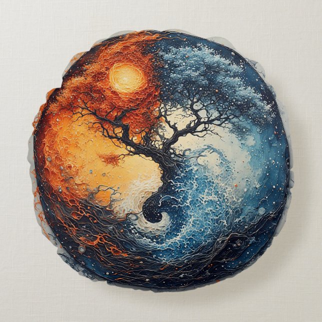 Livslevande Yin Yang-design Rund Kudde (Framsidan)