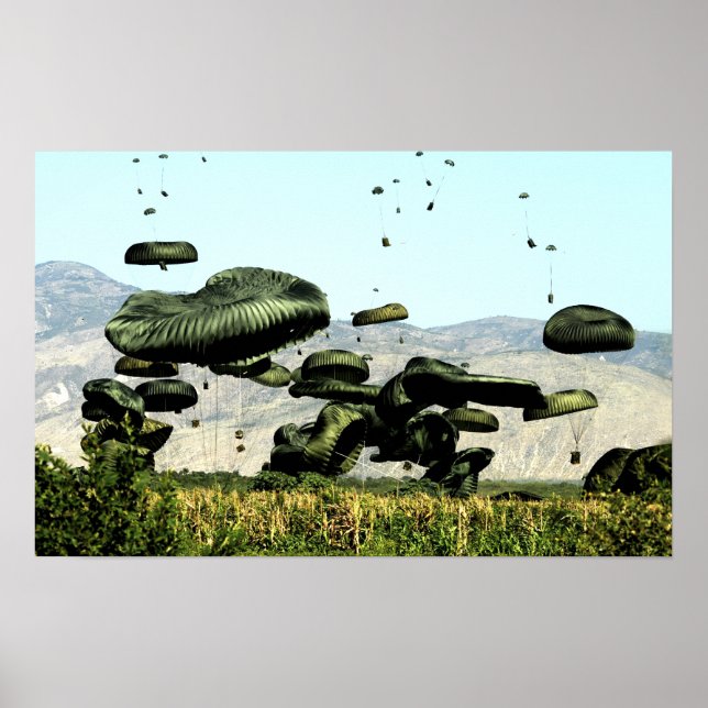 Livsmedelsbuntar och vatten levereras till luft poster (Framsidan)