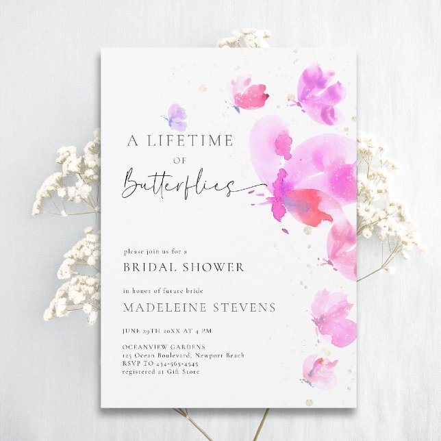Livstid Butterflies fold Romantic Möhippa Inbjudningar (butterflies theme bridal shower invitation whimsical watercolor romantic bold pink purple red)