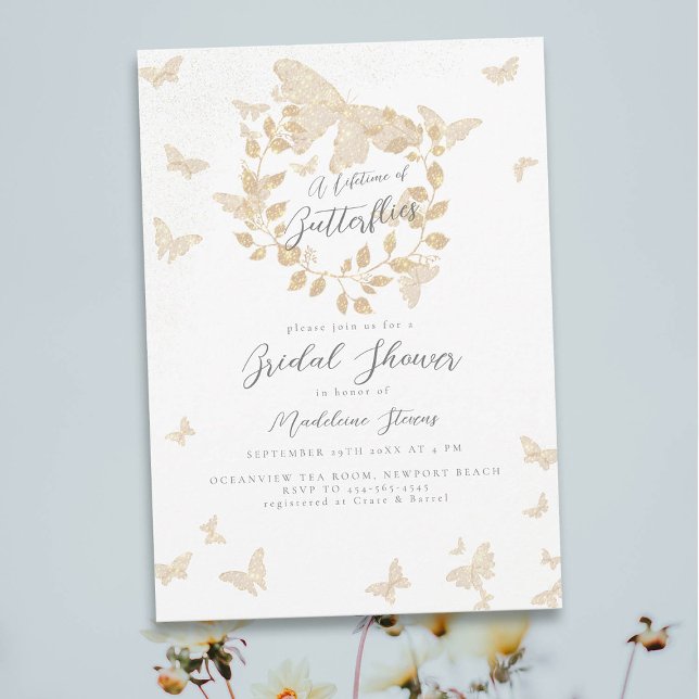 Livstid Butterflies Guld Eucalyptus Möhippa Inbjudningar (lifetime of butterflies bridal shower theme invitation gold eucalyptus greenery wreath gold garden)