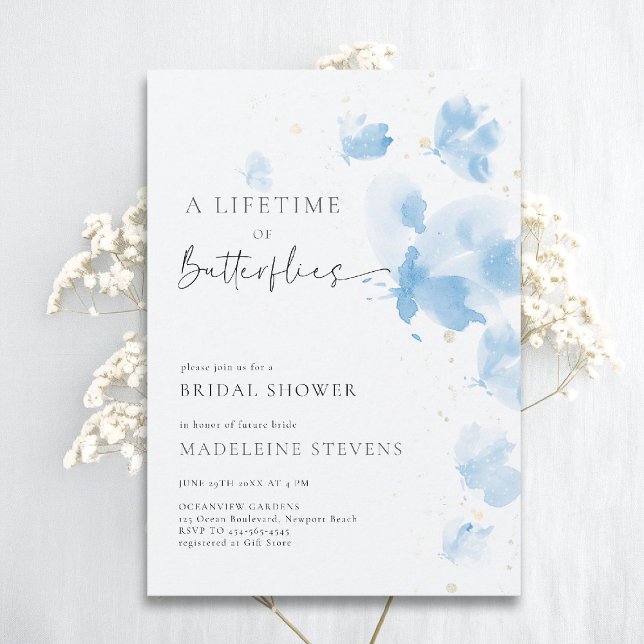 Livstid Butterflies Romantic Blue-Möhippa Inbjudningar (butterflies theme bridal shower invitation whimsical watercolor romantic dreamy something blue)