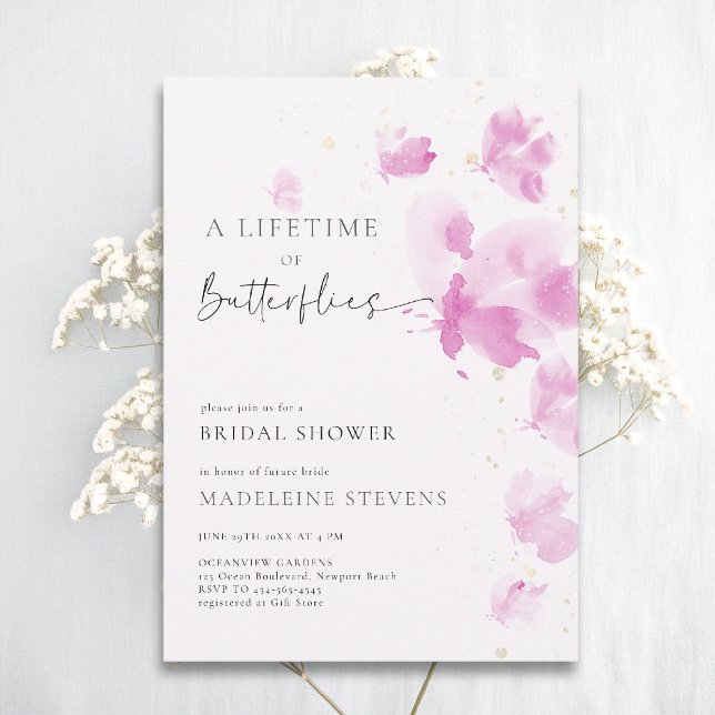 Livstid Butterflies Romantic Rosa Möhippa Inbjudningar (butterflies theme bridal shower invitation whimsical watercolor romantic dreamy pink purple)