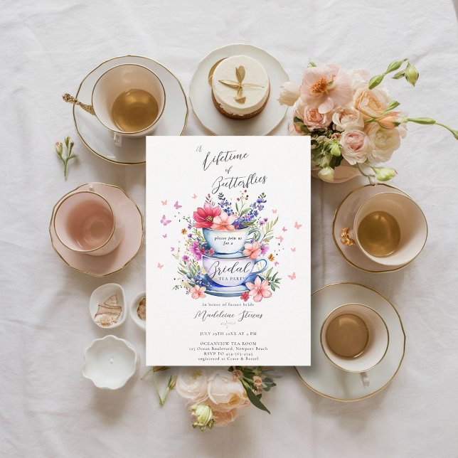 Livstid Butterflies Vild Garden Tea Möhippa Inbjudningar (bridal garden tea party invitation lifetime of butterflies wildflowers tea set elegant boho romantic)