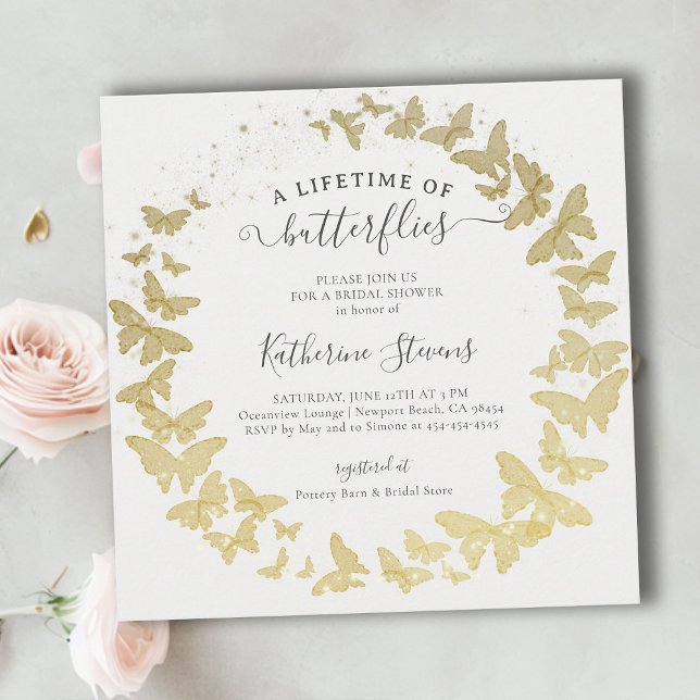 Livstid Butterflies WandeModern Möhippa Inbjudningar (a lifetime of butterflies bridal shower invitation gold foil butterfly garden whimsical square)