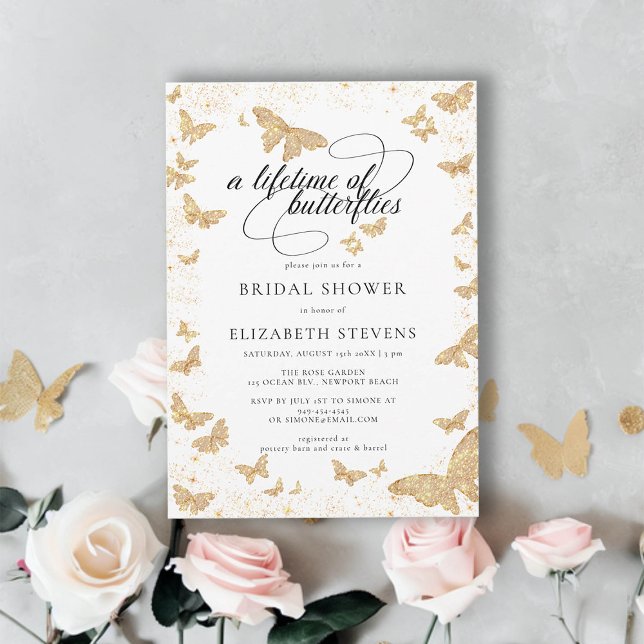 Livstid Fjärilar Guld Romantiskt Bröllopsfirande Inbjudningar (lifetime of butterflies bridal shower theme invitation gold garden romantic calligraphy elegant boho)