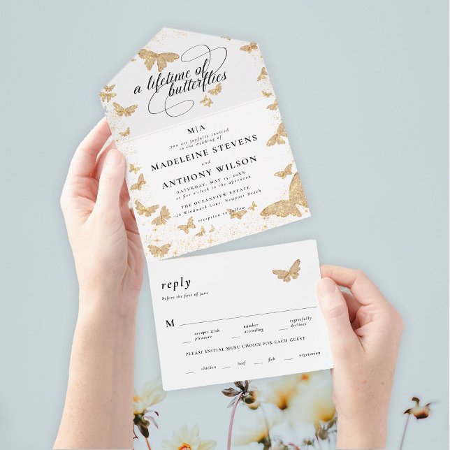 Livstid för Butterflies Elegant Romantic Bröllop (a lifetime of butterflies theme modern romantic elegant minimalist all in one trifold garden wedding)