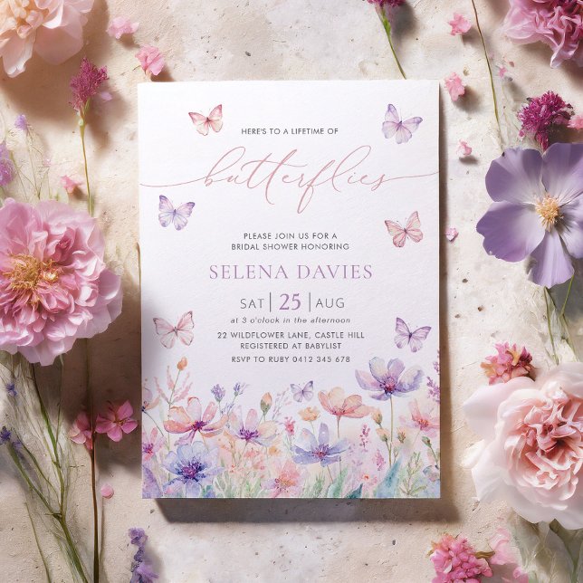 Livstid för Butterflies Möhippa Wildblomma Inbjudningar (Here's to a lifetime of butterflies! Bridal Shower Invitation)