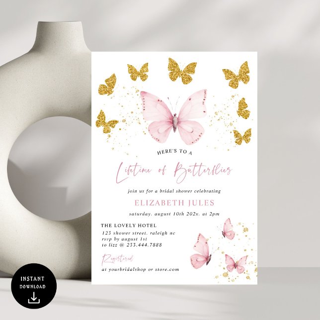 Livstid för Butterflies Rosa Guld Möhippa Inbjudningar (Skapare uppladdad)