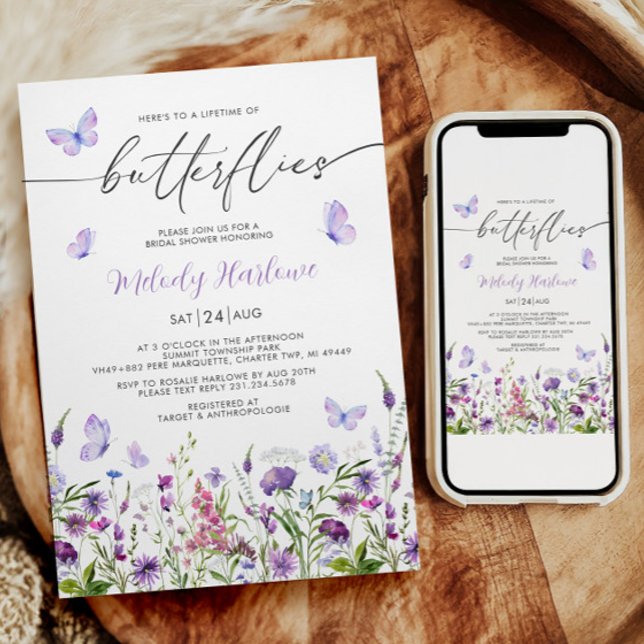 Livstid för Butterflies Wildbloms Möhippa Inbjudningar (Lifetime of Butterflies Wildflower Bridal Shower Invitation)