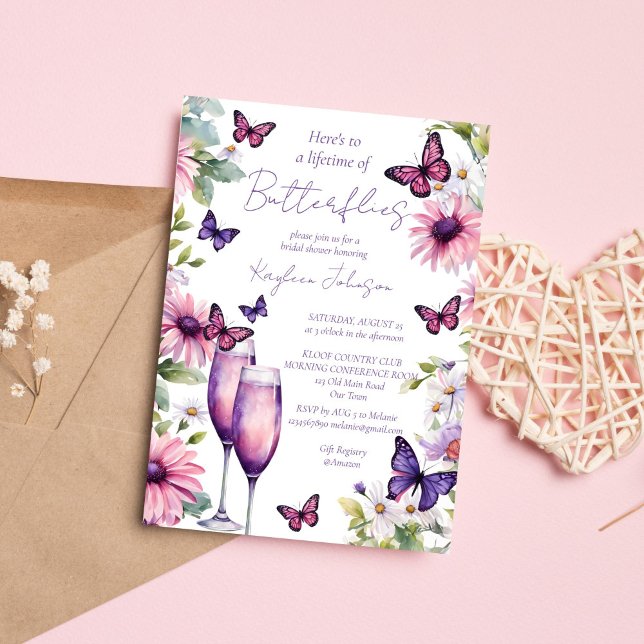 Livstid för fjärilernas lila möhippa inbjudningar (Lifetime of butterflies purple pink spring summer bridal shower invitation template digital download)