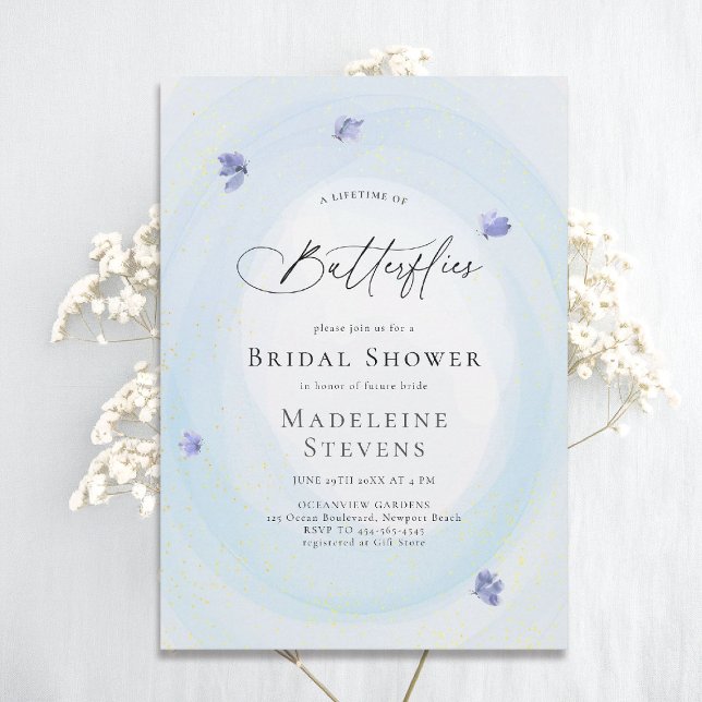 Livstidsfjädrar är något blått Möhippa Inbjudningar (lifetime of butterflies theme bridal shower invitation whimsical watercolor romantic something blue)