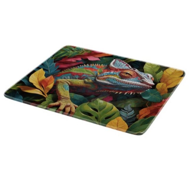 Lizard Leaves & Colour  (Colourful Lizard Tropical glass cutting board hand-pressed tempered glass five different sizes.
)