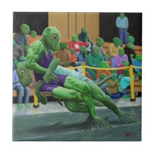 Lizard Warrior Wrestling Fantasy Art Ceramic Tile Kakelplatta