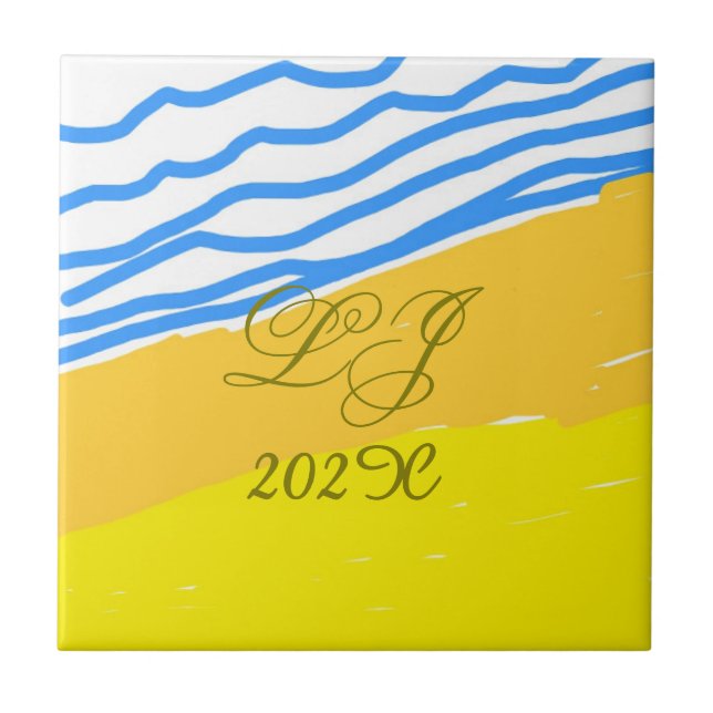 LJ Monogram Elegant Modern Beach Wedding Kakelplatta (Framsidan)