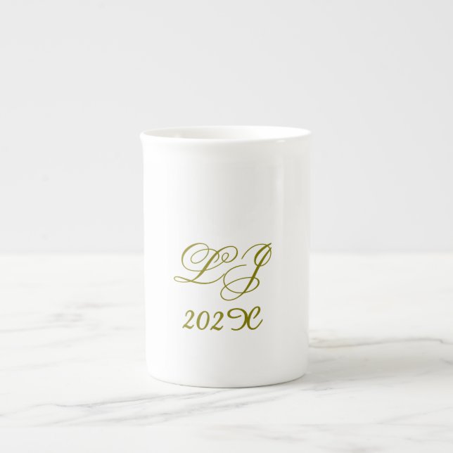 LJ Monogram Elegant Modern Bröllop Benporslin Mugg (Framsidan)