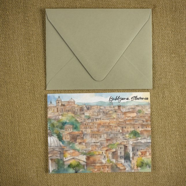 Ljubljana Slovenien Silhuett Vattenfärg Måleri Vykort (Ljubljana Slovenia Silhouette Watercolor Painting)