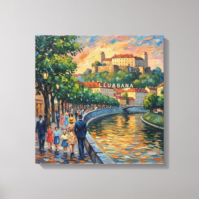 Ljubljana Slovenien Slott Flodpromenad Konstnärlig Canvastryck (Framsida)