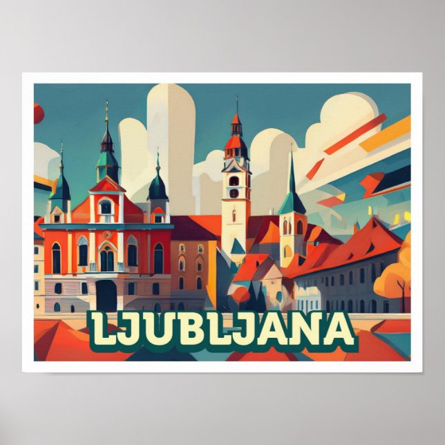 Ljubljana Slovenien Travel Konstnärlig färgstark Poster (Framsidan)