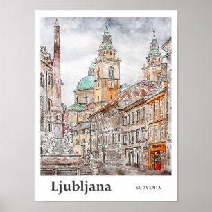 Ljubljana Slovenien Travel Watercolor Hand plockad Poster