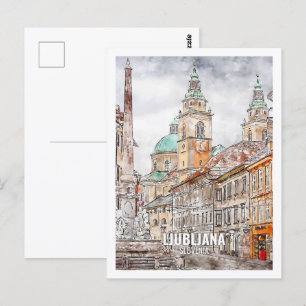Ljubljana Slovenska Berömden Travel Watercolor Ske Vykort