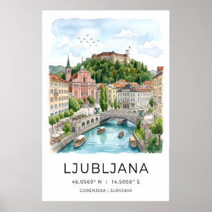 Ljubljana Väggkonsttryck Teal Flod och Slott Poster