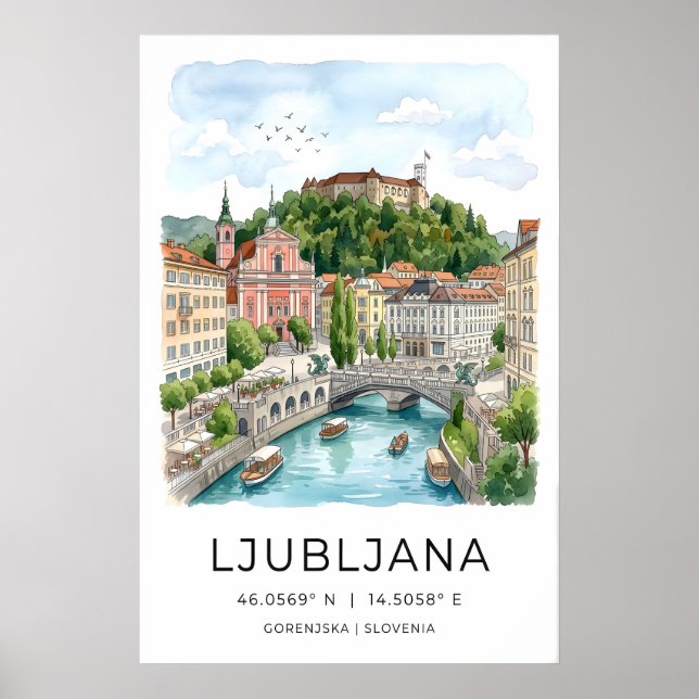 Ljubljana Väggkonsttryck Teal Flod och Slott Poster (Framsidan)