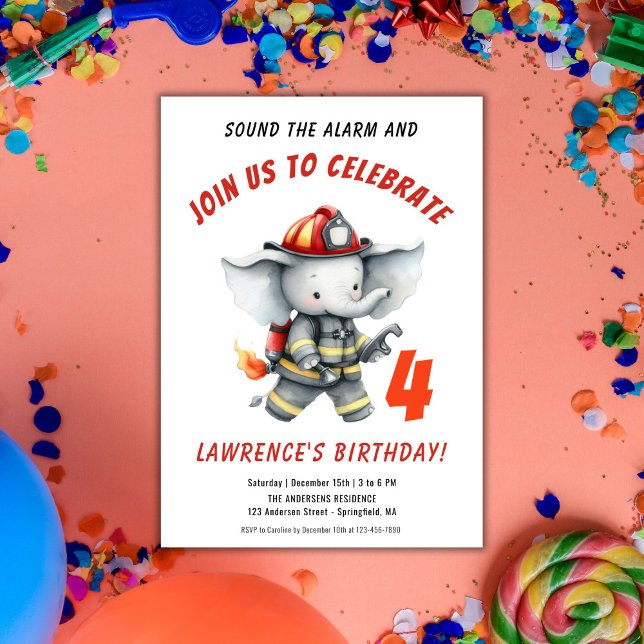 Ljud, Alarm Firefighter Red Födelsedagsfest Inbjudningar (Sound the Alarm Firefighter Red Birthday Party Invitation)