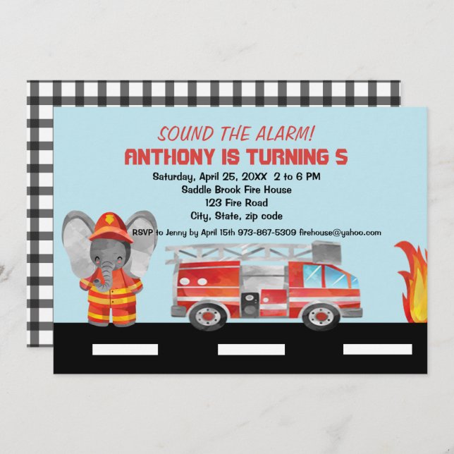 Ljud Alarmet! Brandman Födelsedagsinbjudan Inbjudningar (Fram/baksida)