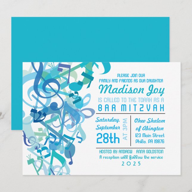LJUD AV DEN Bat mitzvah TORAH Aqua-inbjudan Inbjudningar (Fram/baksida)