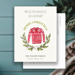 Ljud Cute Ugly Sweater Leafy Red Grönt Jul Helg Vykort